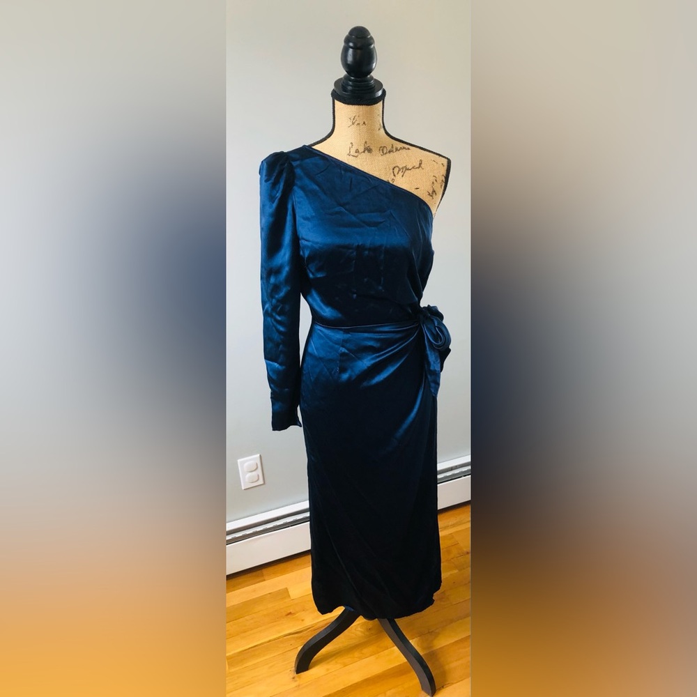 100% SILK REFORMATION NAVY BLUE ONE SHOULDER MIDI DRESS